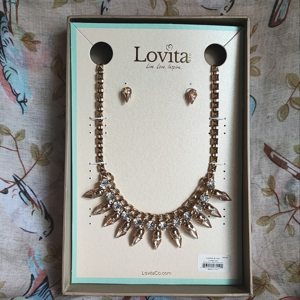 Lovita Co. Retired Bullet Point Crystal Rhinestone Golden Necklace Earrings NIB